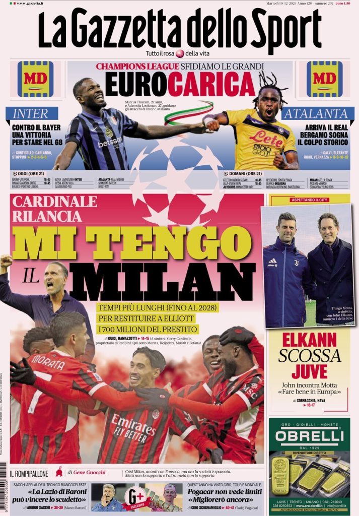 Prima pagina La Gazzetta dello Sport (10 dicembre 2024)