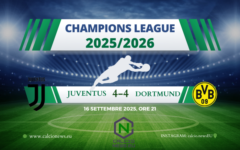 Juventus-Borussia Dortmund 4-4 pirotecnico. Horror Di Gregorio, Vlahovic e Yildiz show