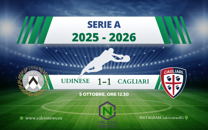 Serie A, Cagliari Udinese 1-1: il tabellino del match